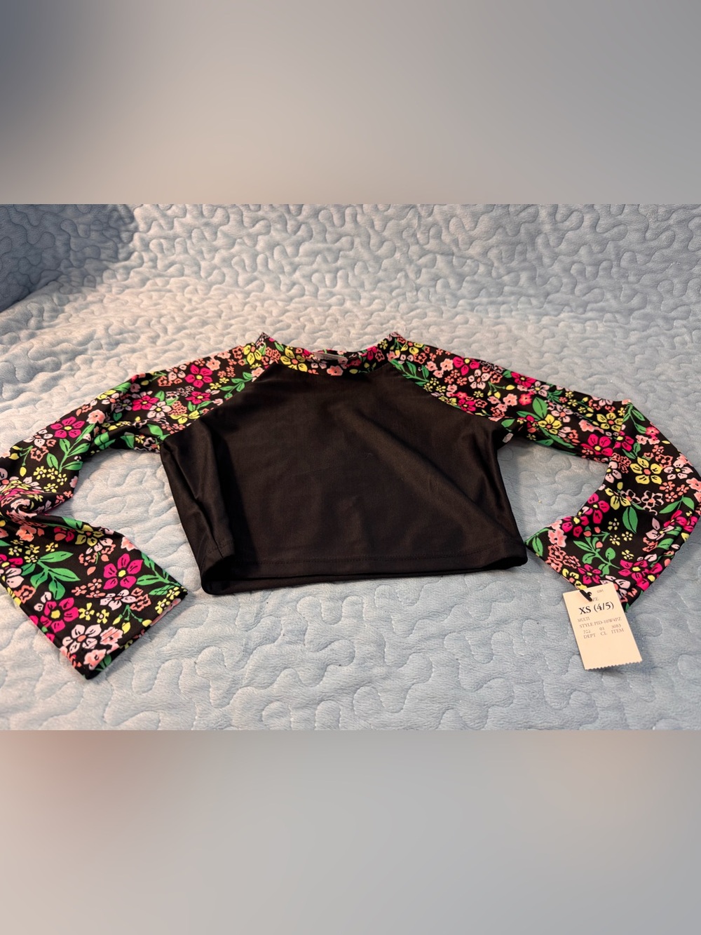 art class Black Crop Rash Guard with Pink & Green Floral Sleeves